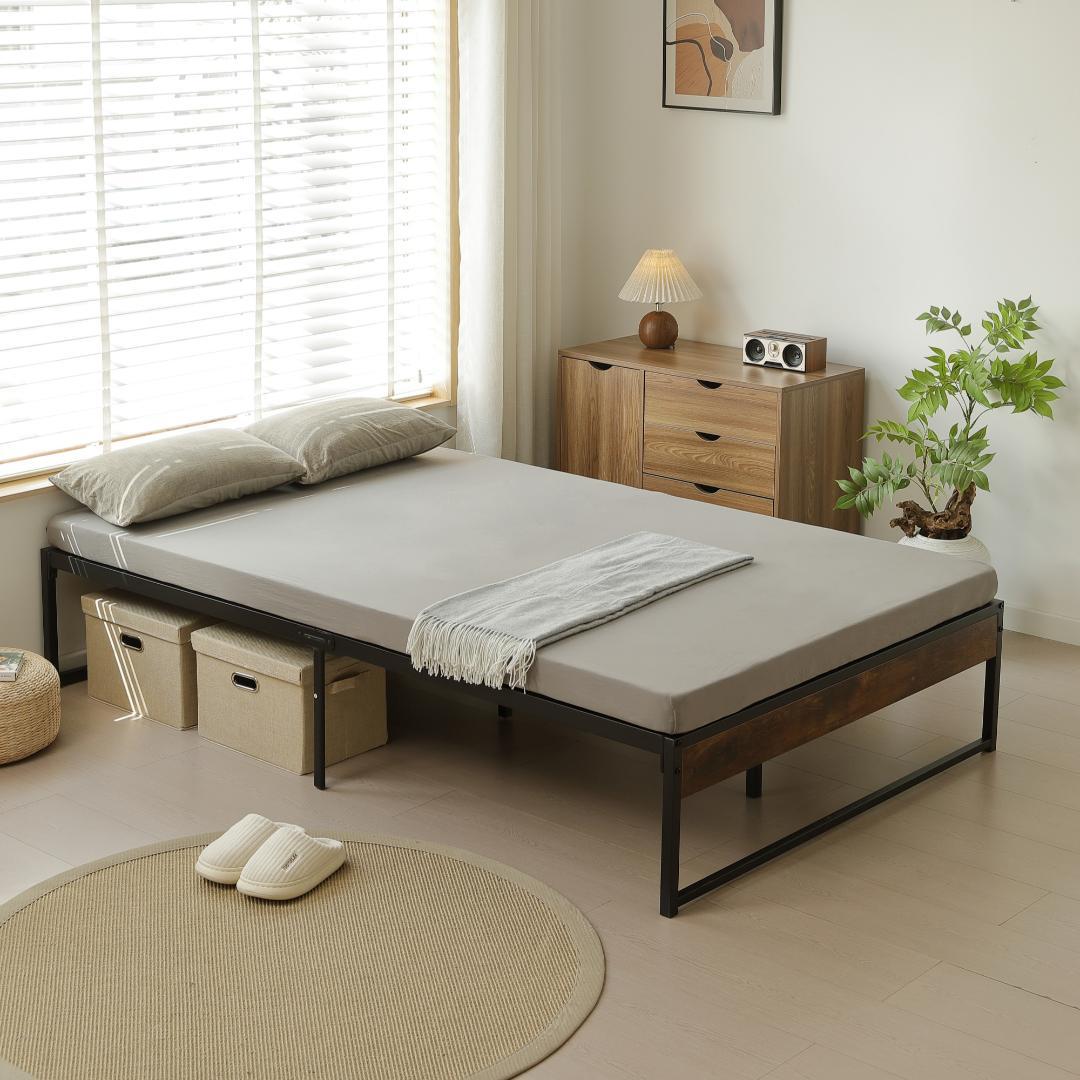 年始赤字！D・ダブルベッドフレーム パイプベッド パイプ+木　BLACK