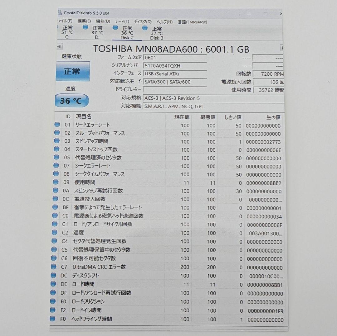 TOSHIBA MN08ADA600 NAS向けHDD 6TB×2台