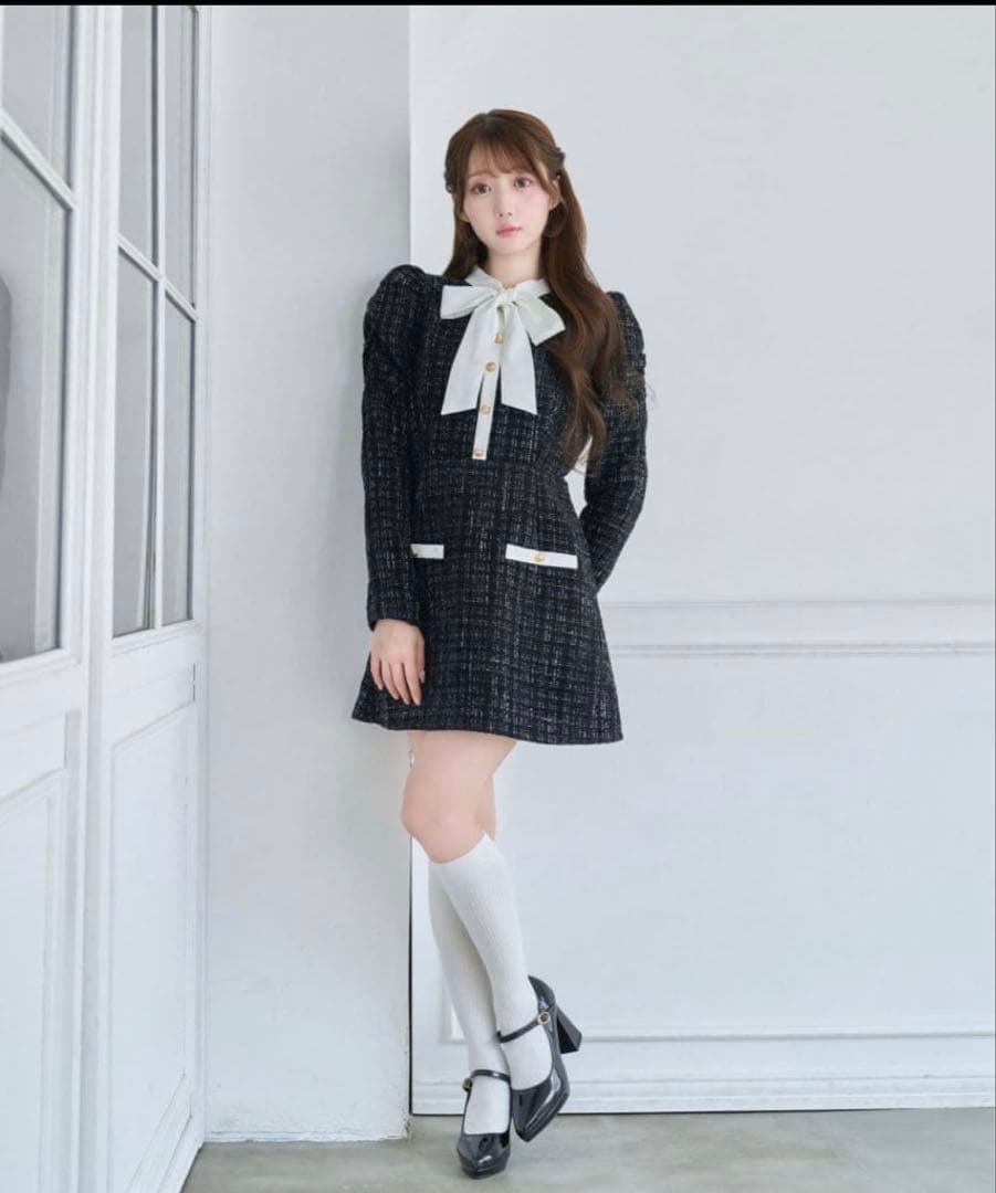 ロゼミューズ ribbon tie tweed mini onepiece