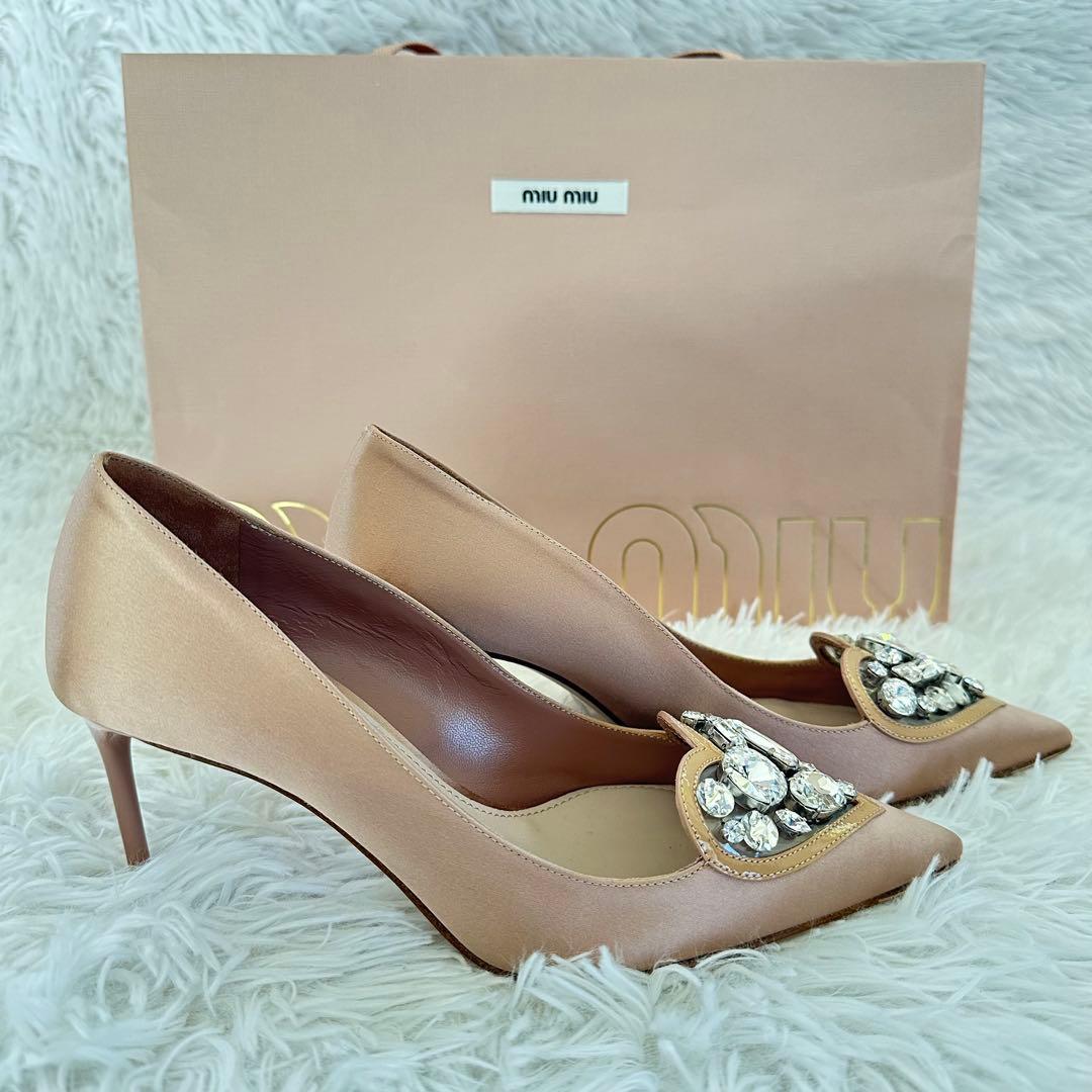 【美品】ミュウミュウ miumiu ハート　ビジュー　ピンク パンプス35