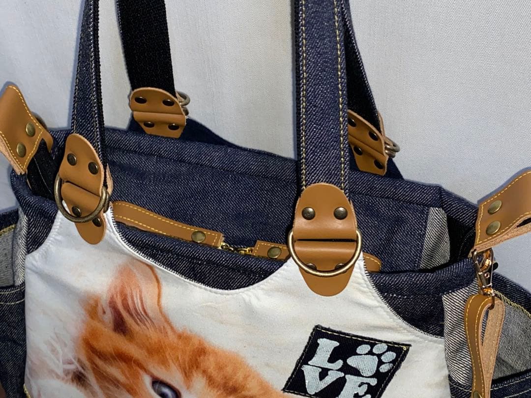 お値下げ☆岡山デニム☆子猫☆トラネコ☆リュック対応☆4wayあおりバッグ