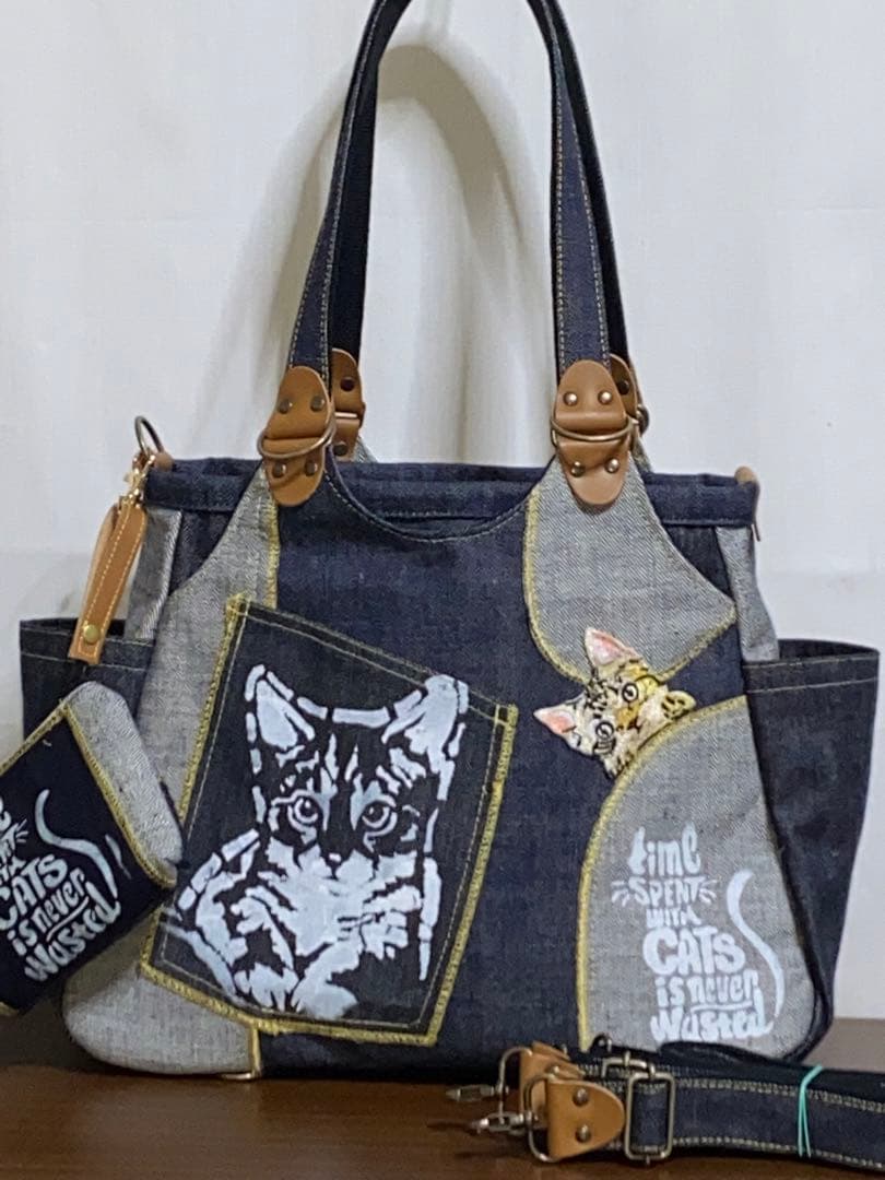 お値下げ☆岡山デニム☆子猫☆トラネコ☆リュック対応☆4wayあおりバッグ