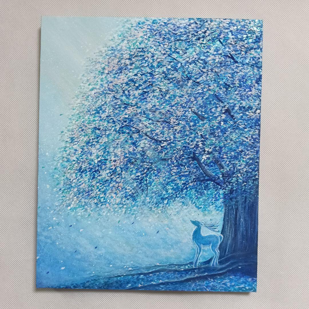 No.534 F3キャンバス　アクリル画　原画　青い絵　鹿　青い木　開運絵画