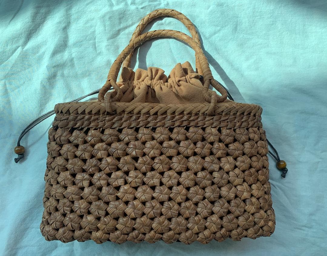 ✨美品✨六角花結び編み 山葡萄 かごバッグ 職人手編み 手提げ 内布付き