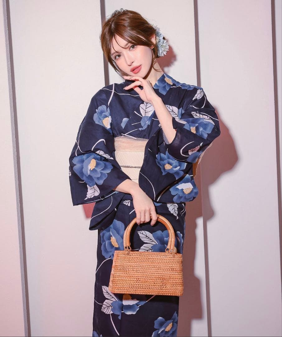 Retica浴衣セット レディース 紺地×青椿 ゆかた2点セット (浴衣 平帯)