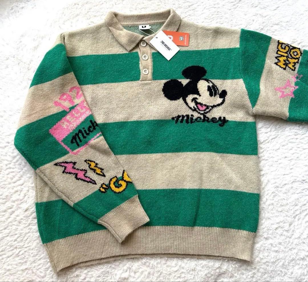 ディズニー ミッキー ハーフボタン ボーダーニット　LINK@/リンクアット