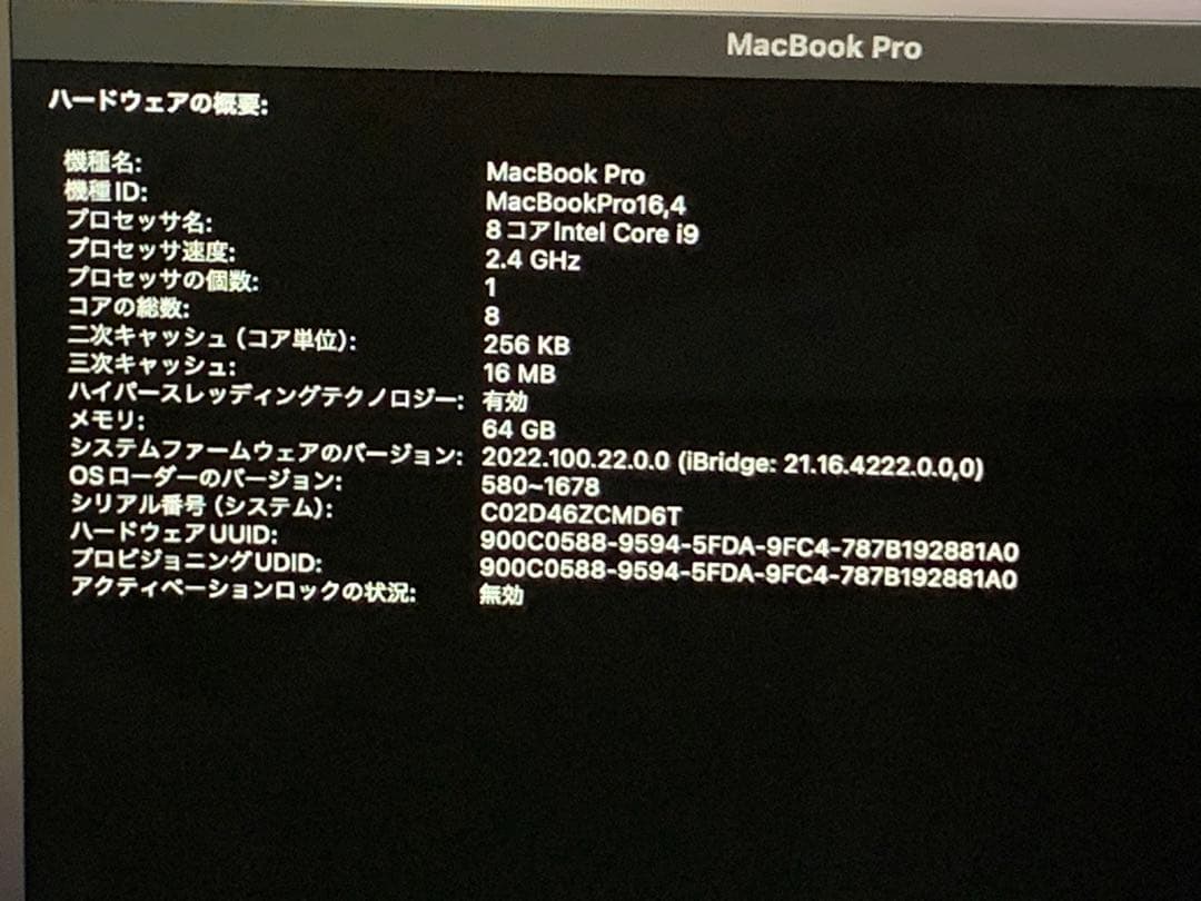 MacBook本体 MacBook pro 2019 16in/ i9 / 64GB / 2TB
