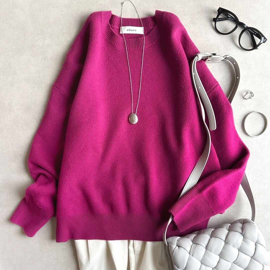 美品▲ebureエブール//ソフトスムース クルーネックニット▲パープルピンク