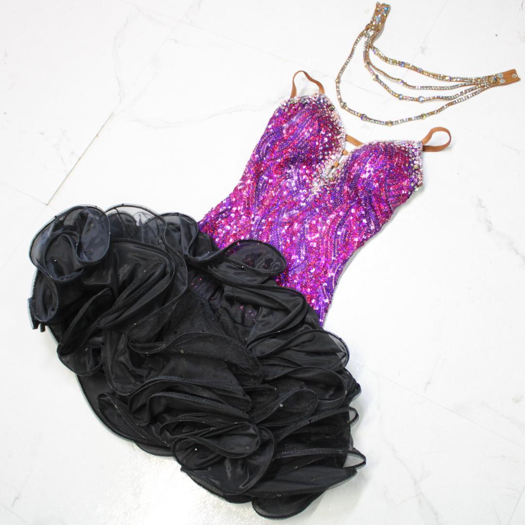 【社交ダンス衣装】パープル×豪華フリル ラテンドレス ワンピース 紫