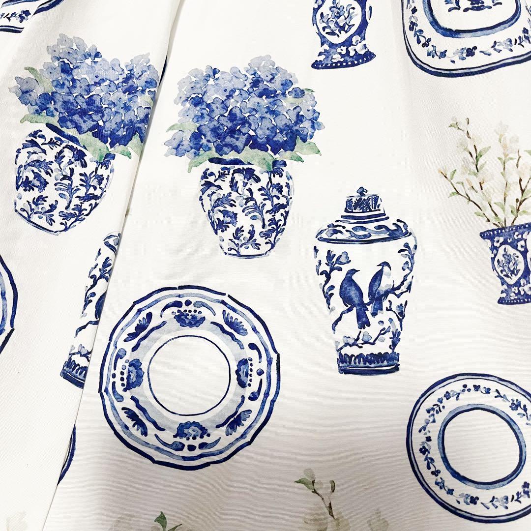 2023 セブンテン 陶器プリント 花柄スカート 陶器 水彩タッチブルーホワイト