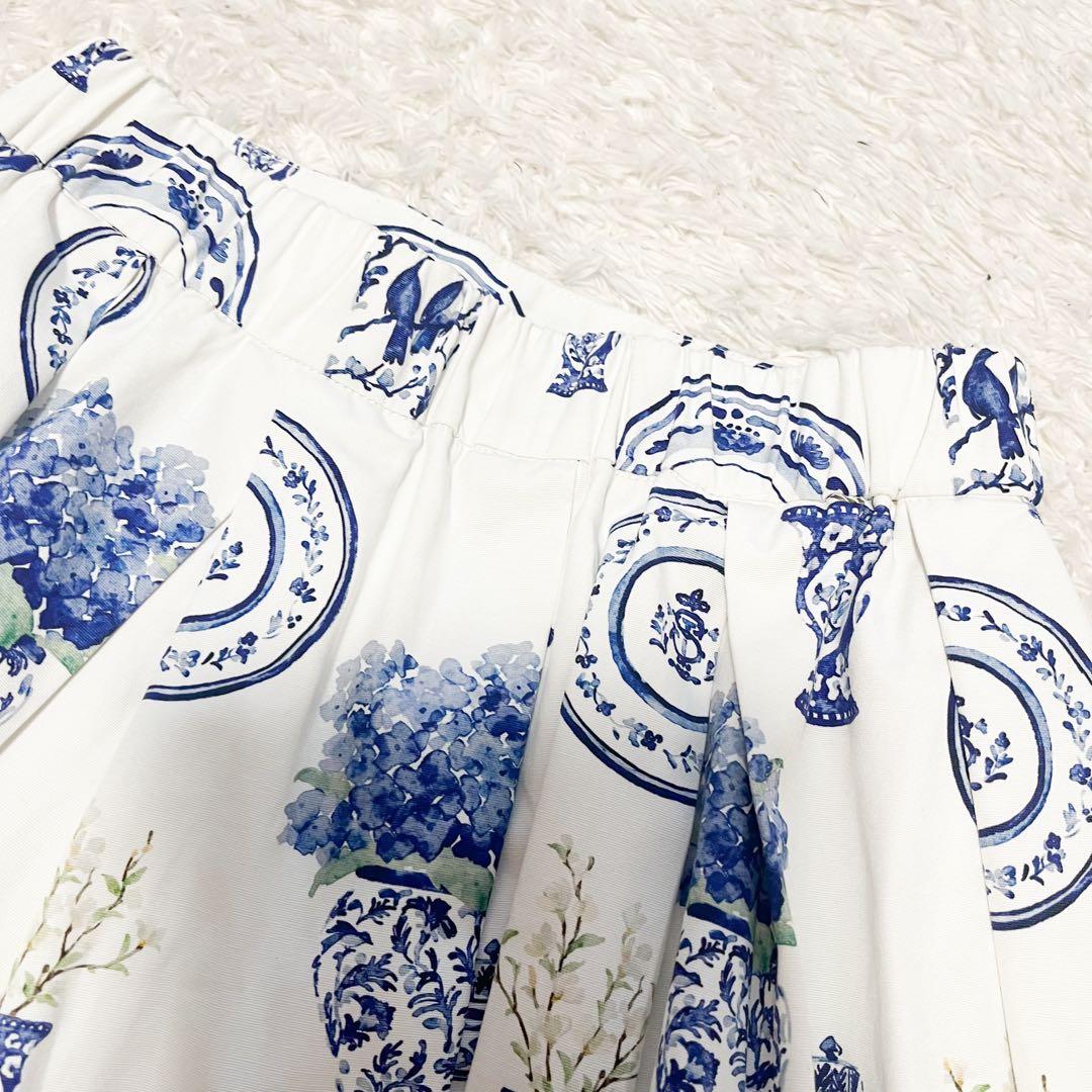 2023 セブンテン 陶器プリント 花柄スカート 陶器 水彩タッチブルーホワイト