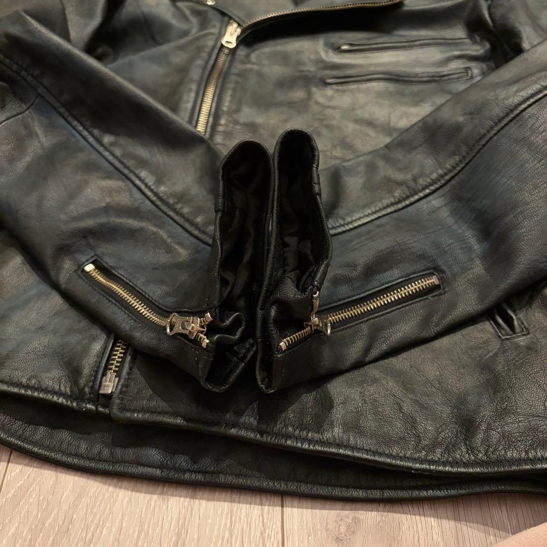 希少5L/完売品　フリーダムレザー 本革 ダブルライダースジャケット ヤギ革 黒