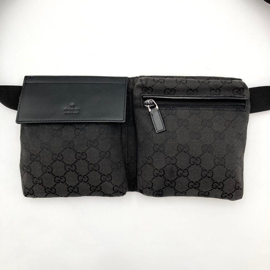 天下布武✨ GUCCI ボディバッグ GGキャンバス レザー 黒 ポケット