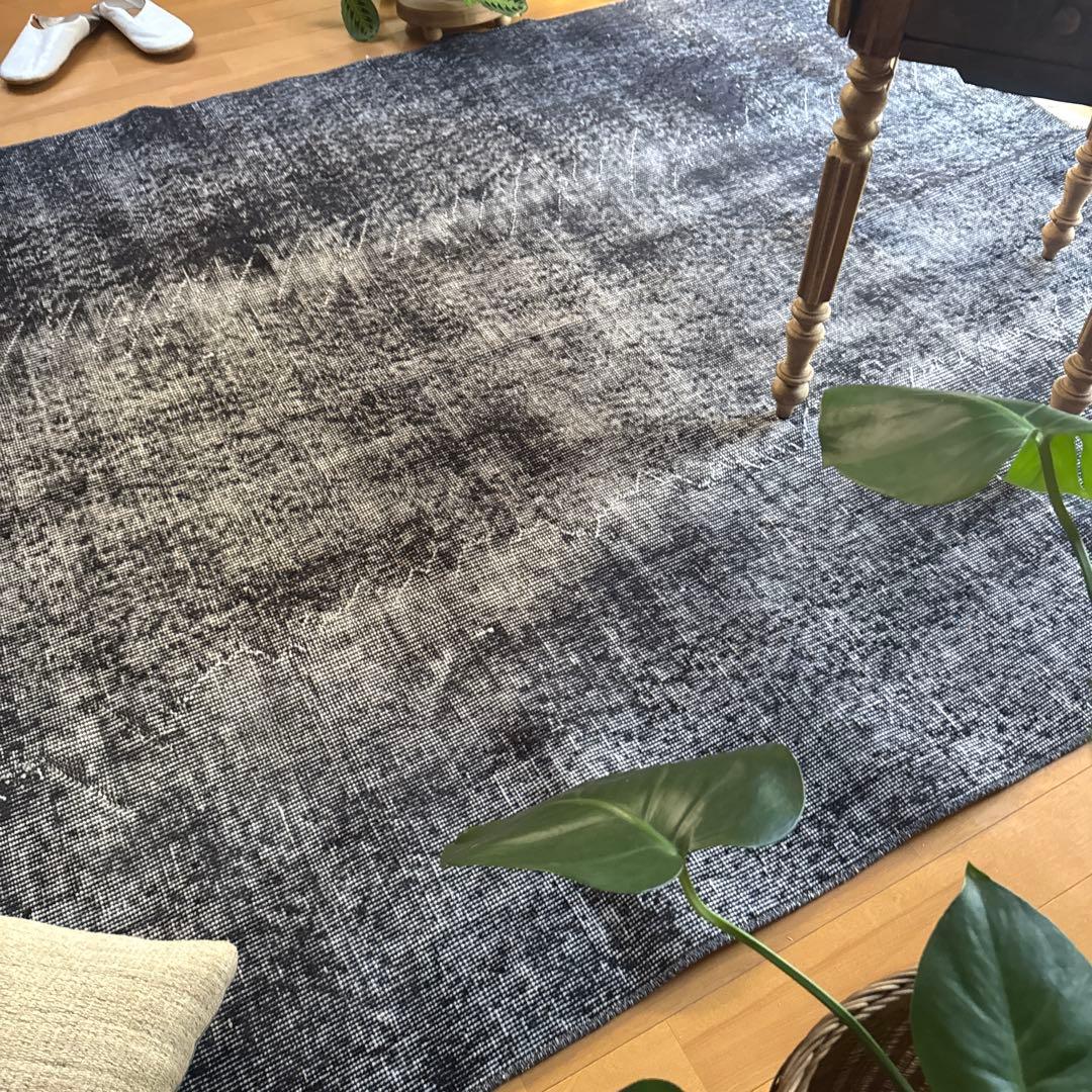 大判157×256レアカラー　ダークネイビーグレイ　擦れ　トルコヴィンテージラグ