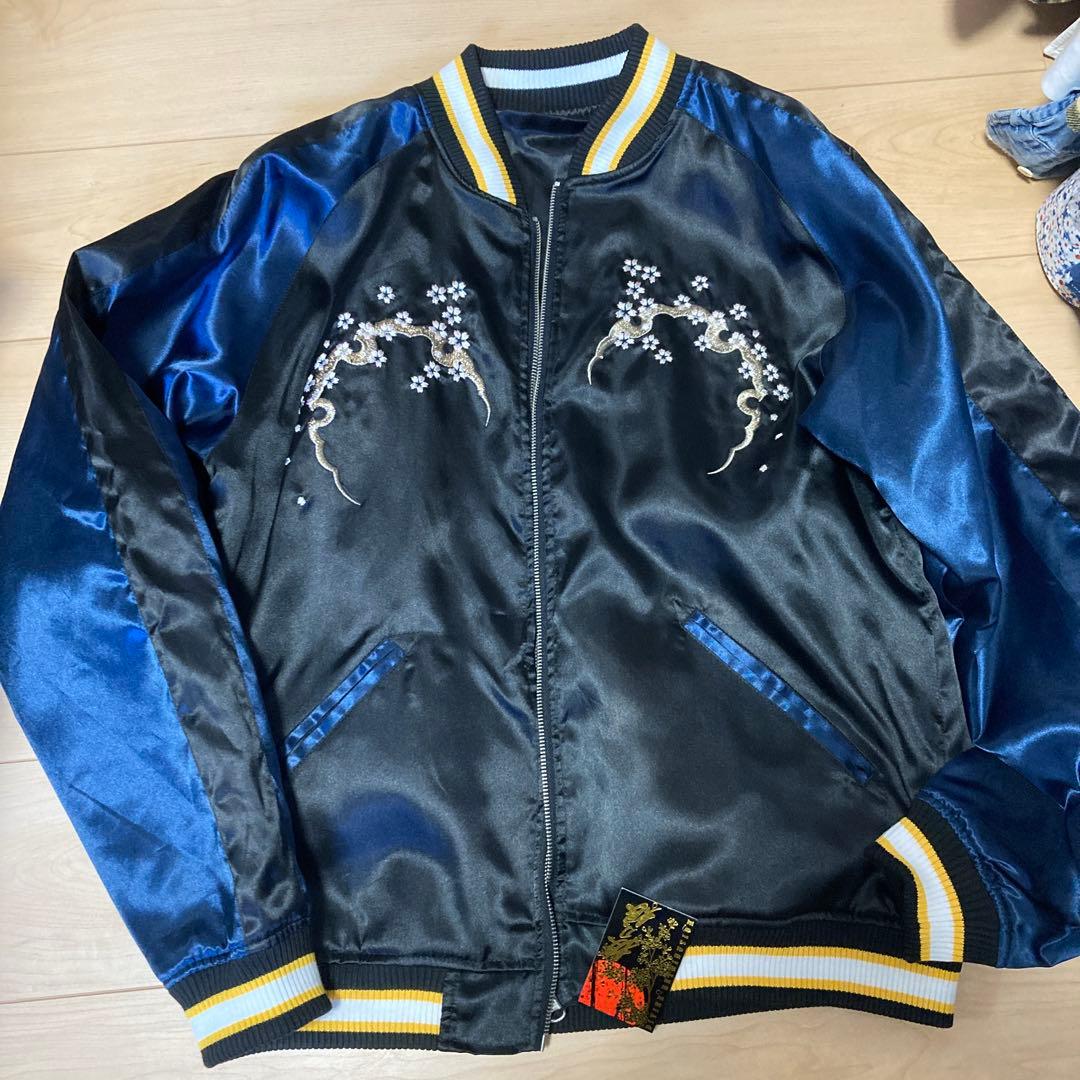 新品　抜刀娘　刺繍入りサテン スカジャン L ネイビー　シルバー　 リバーシブル