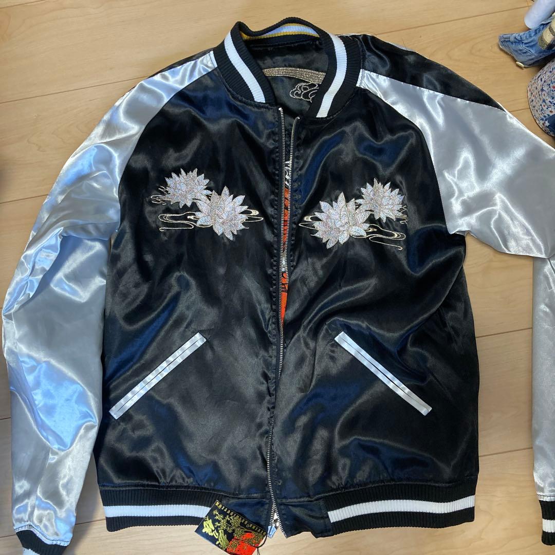 新品　抜刀娘　刺繍入りサテン スカジャン L ネイビー　シルバー　 リバーシブル