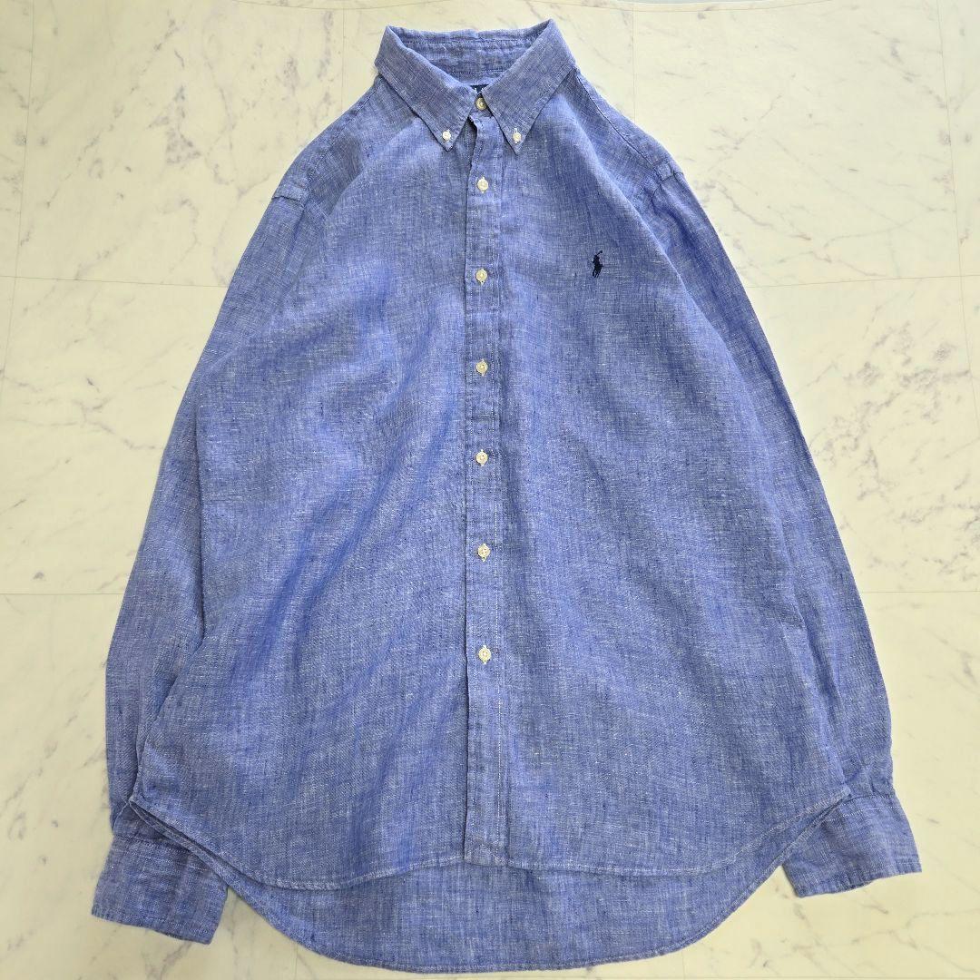 ポロラルフローレン 麻 リネン ブルーシャツ L(XL相当)