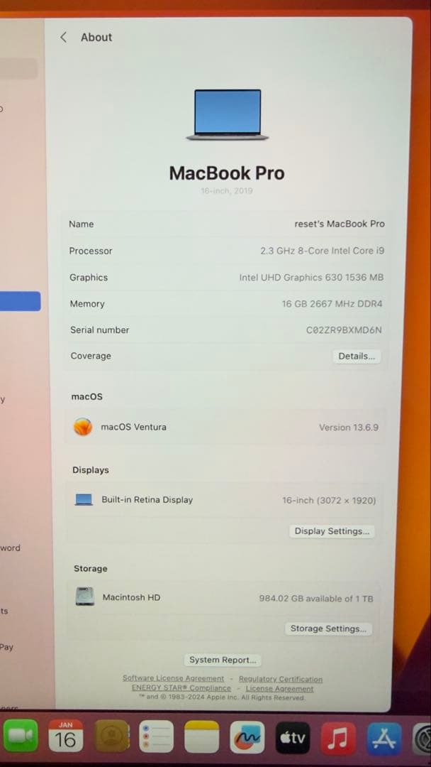 MacBook本体 MacBook Pro 2.3GHz i9 16GB 1TB