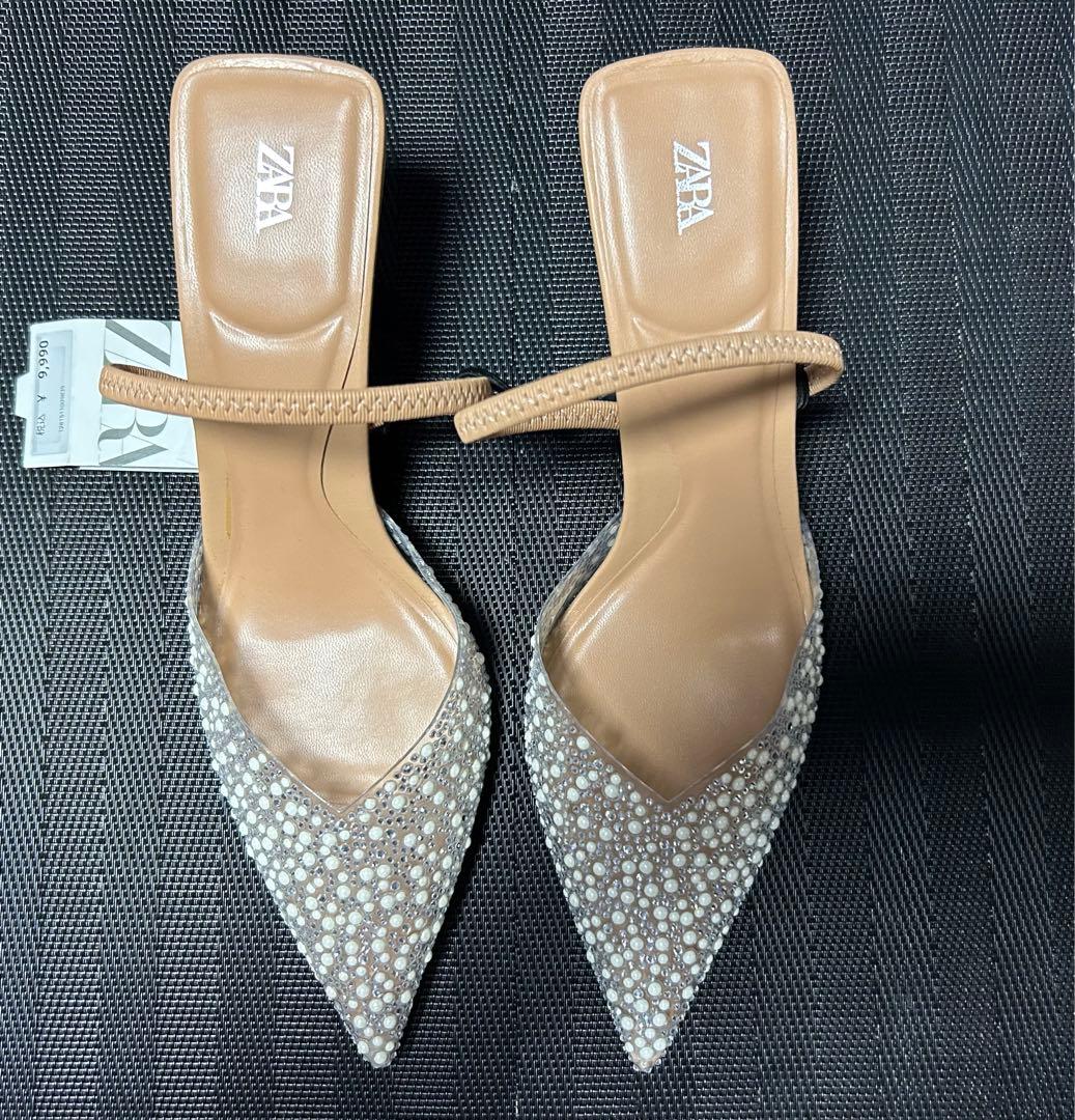 【新品・未使用】ZARA フェイクパール バックストラップミュール 39