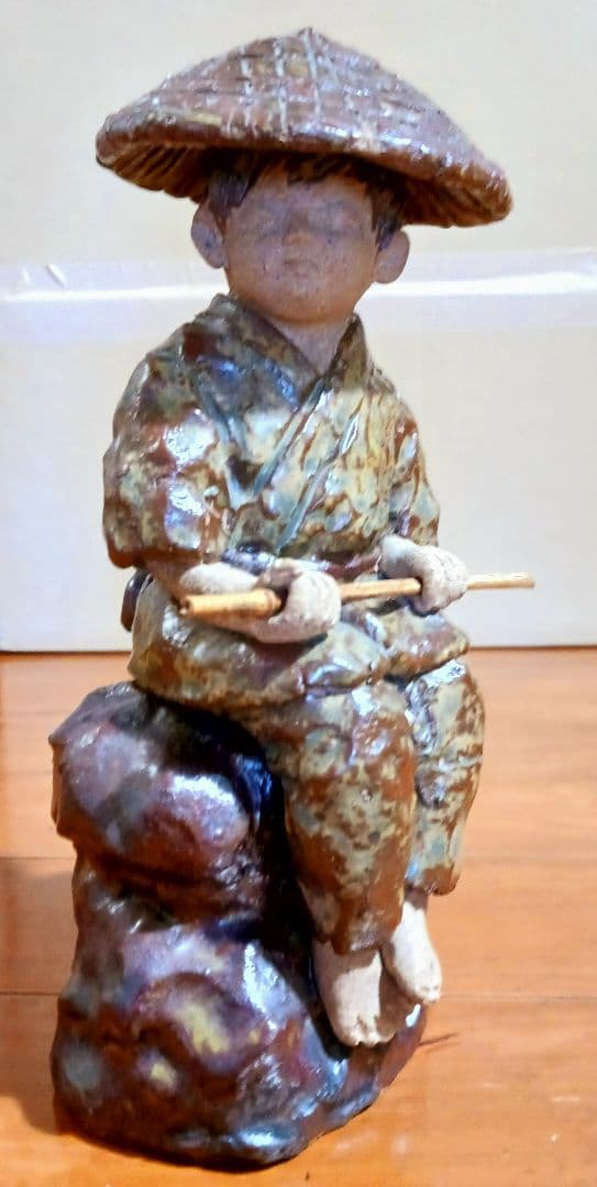 瀬戸焼 増田重幸 陶器製 釣童子 木箱付き レアオブジェ レトロ