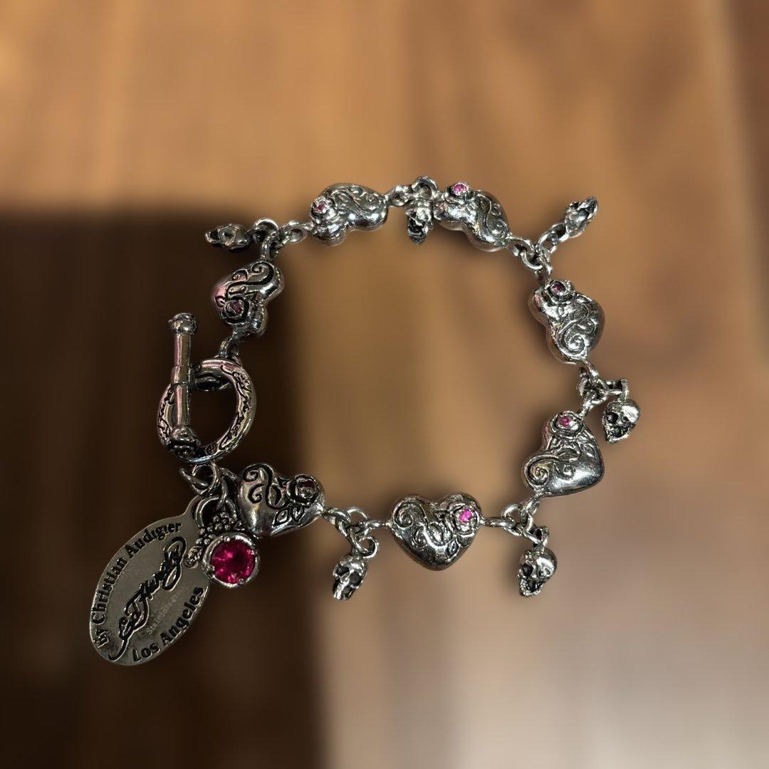 エドハーディ　ブレスレット　ハート　スカル　ルビー　ロゴ　プレート