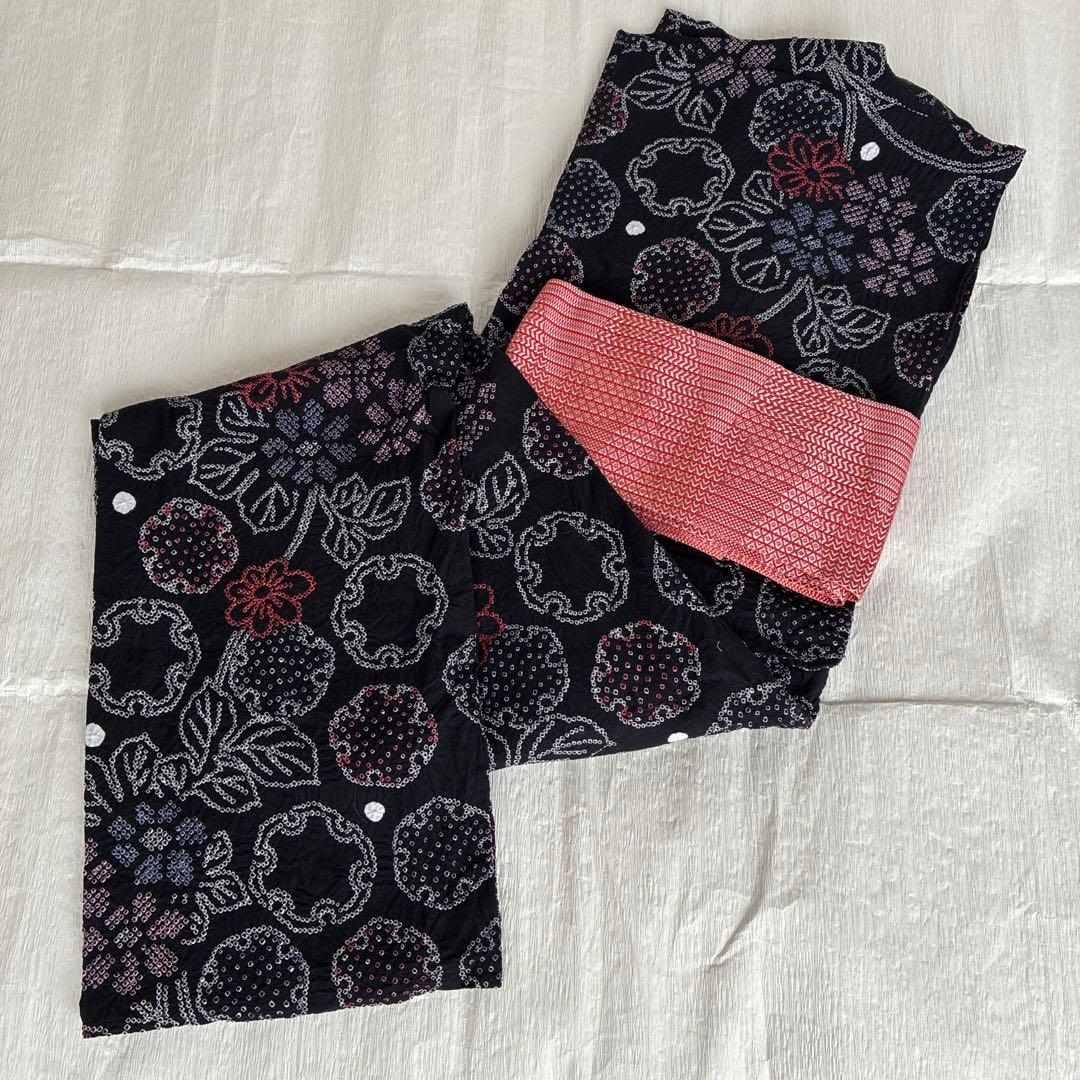 有松鳴海絞り　浴衣　黒地　証紙あり　未使用　（黒木織物　正絹博多織半幅帯セット）