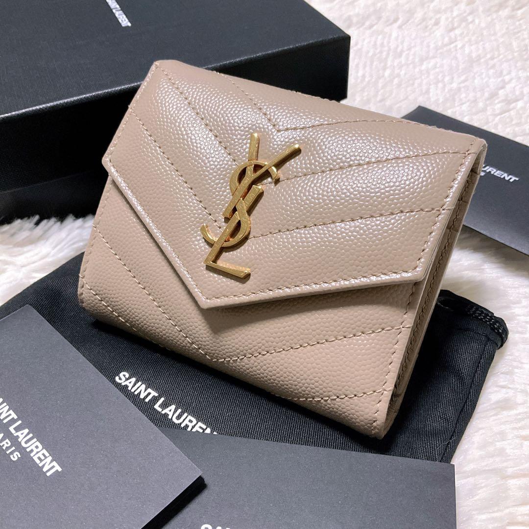 ♡付属品完備♡イヴサンローラン 三つ折り財布 YSL キャビアスキン ベージュ