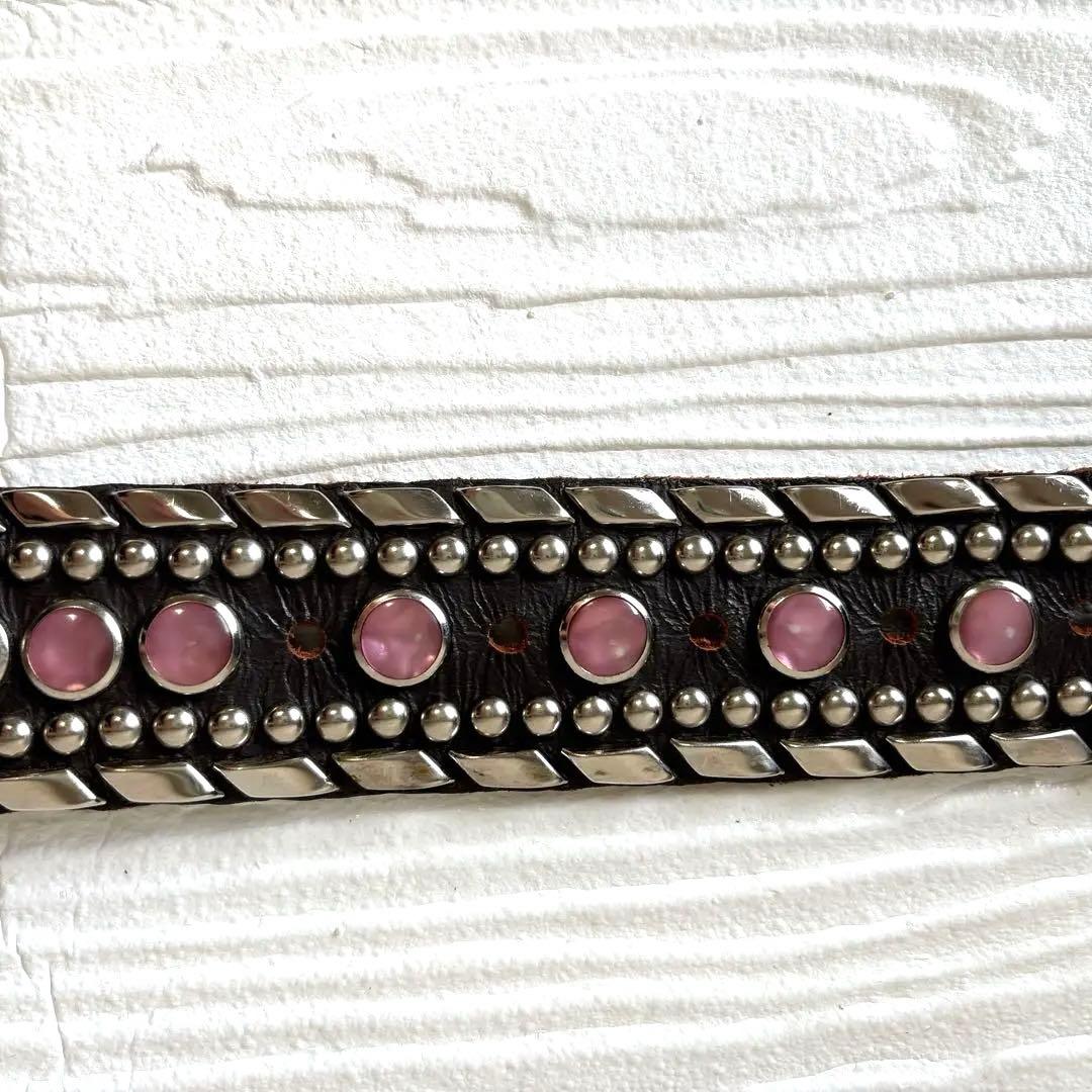 高級✨Kippys スワロフスキー スタッズ 装飾 ブラウンレザーベルト ピンク