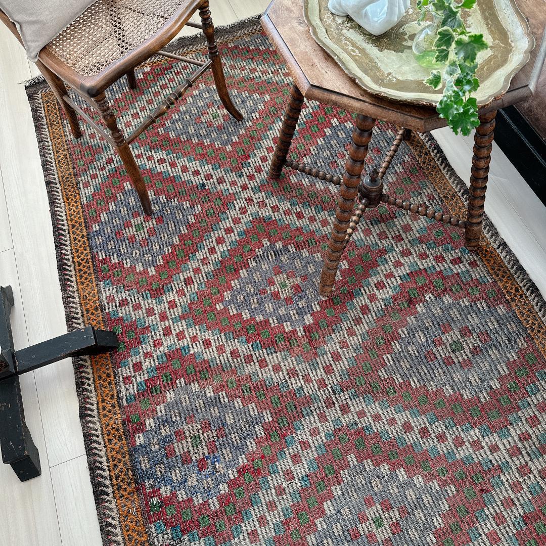 トルコ製ヴィンテージラグ940レア 大判 オールドキリム ジジム ブルー レッド