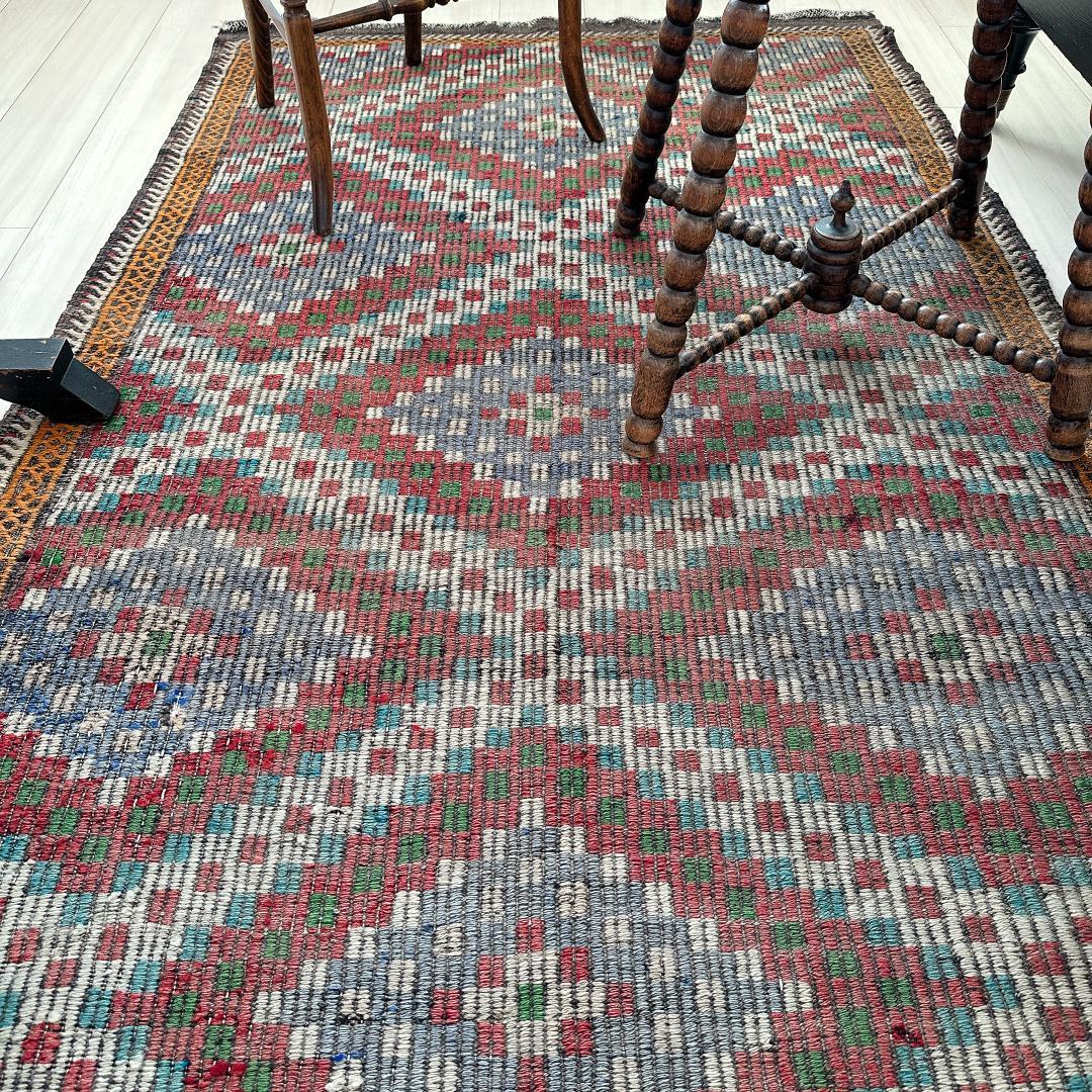トルコ製ヴィンテージラグ940レア 大判 オールドキリム ジジム ブルー レッド