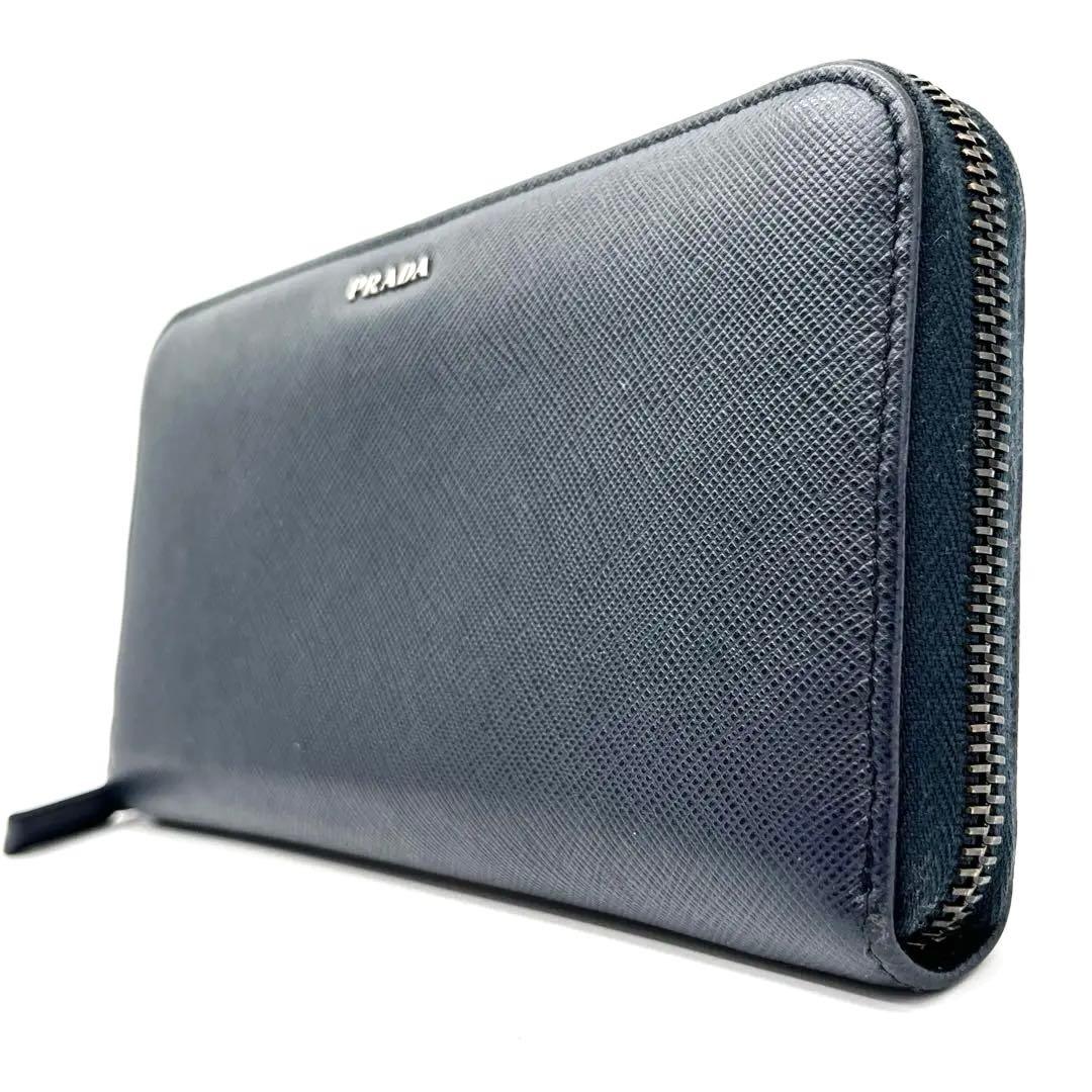 【極美品】PRADA ラウンドファスナー　サフィアーノレザー　ネイビー