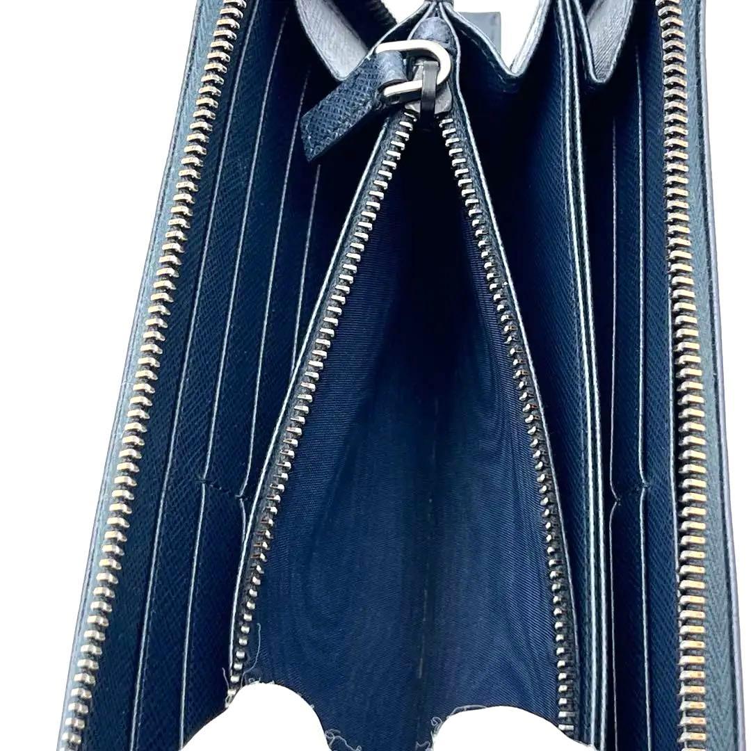 【極美品】PRADA ラウンドファスナー　サフィアーノレザー　ネイビー