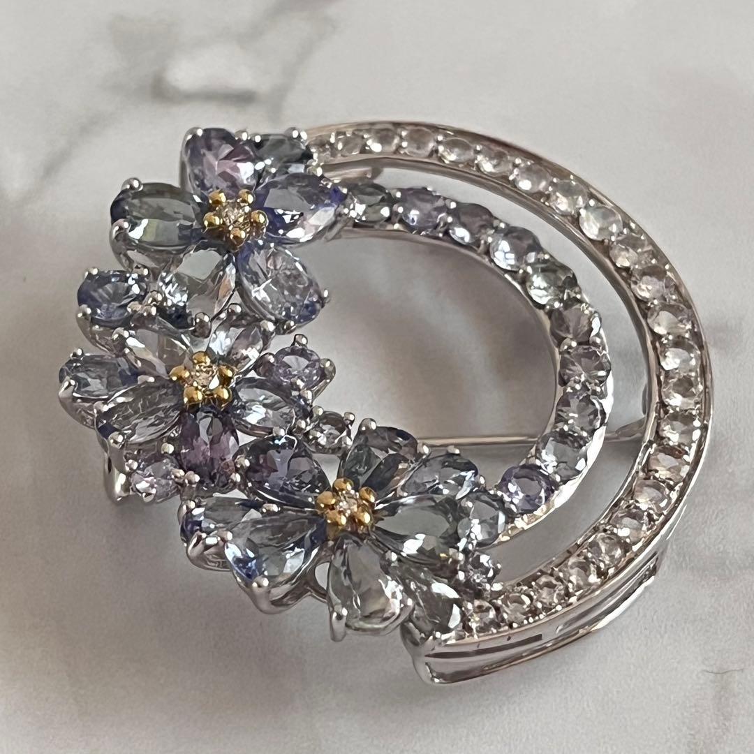 美品　GSTVタンザナイト×ダイヤSV950×K18 フラワーブローチ　刻印あり