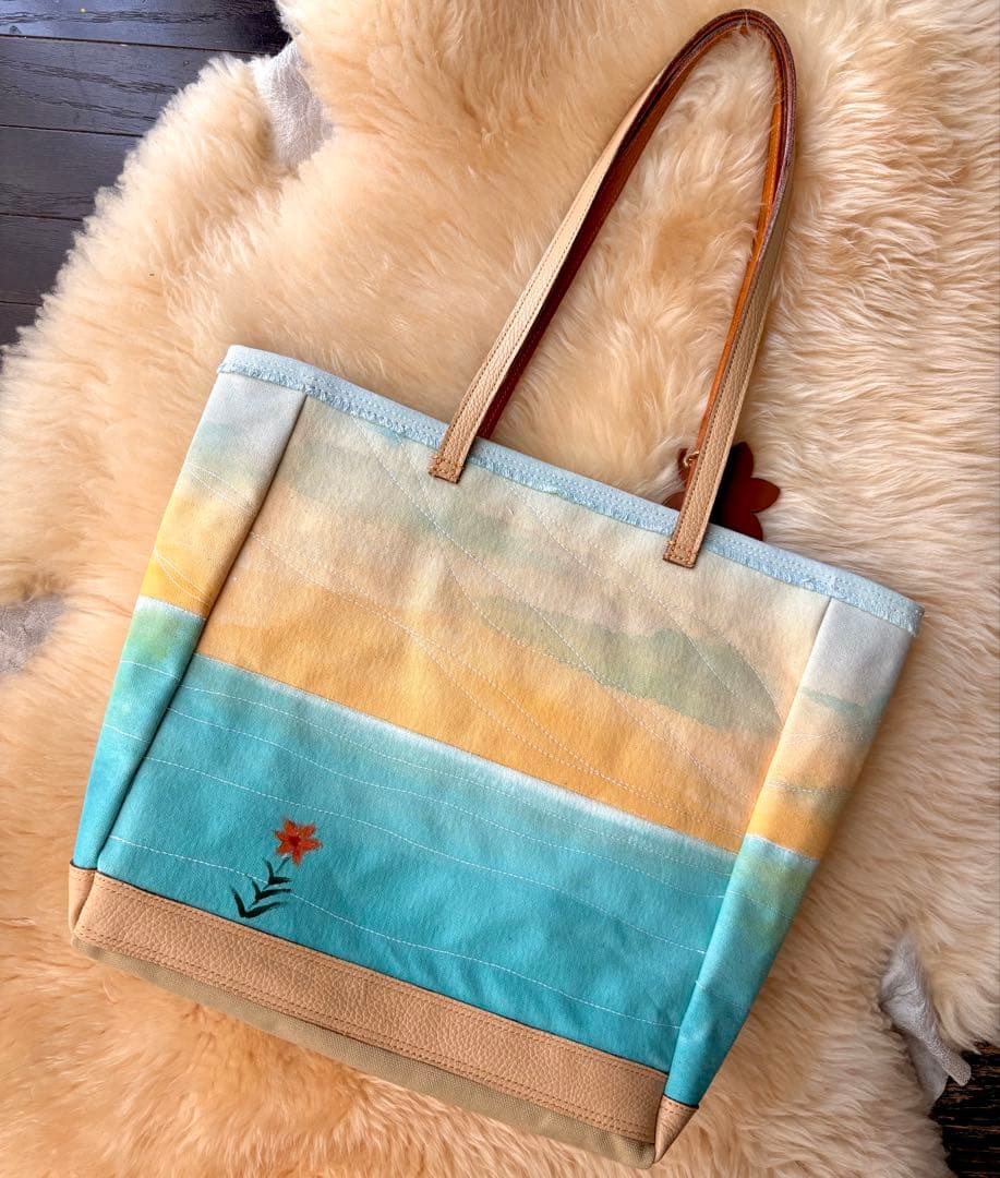 (手づくり)\"感謝溢れ出る日の夕暮れ\"レザー帆布トートバッグ/ネコ刺繍