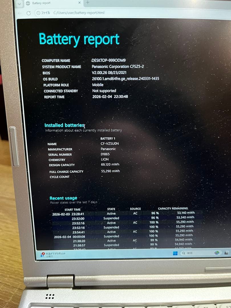 Panasonic CF-SZ5 SSD250GB バッテリー80%