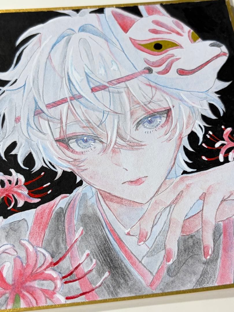 m*可様 オリジナル手描きイラスト　少年と狐面、彼岸花