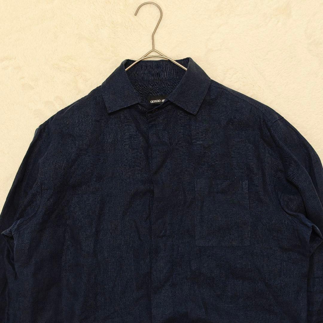 良品✨ ジョルジオアルマーニ リネン長袖シャツ　比翼・貝殻ボタン　ネイビー　40
