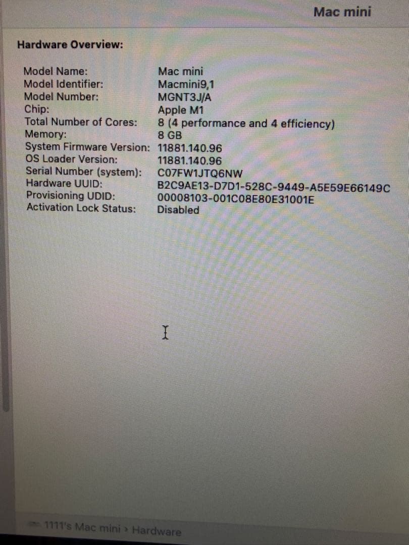 Apple Mac mini(2020)　M1 8GB シルバー