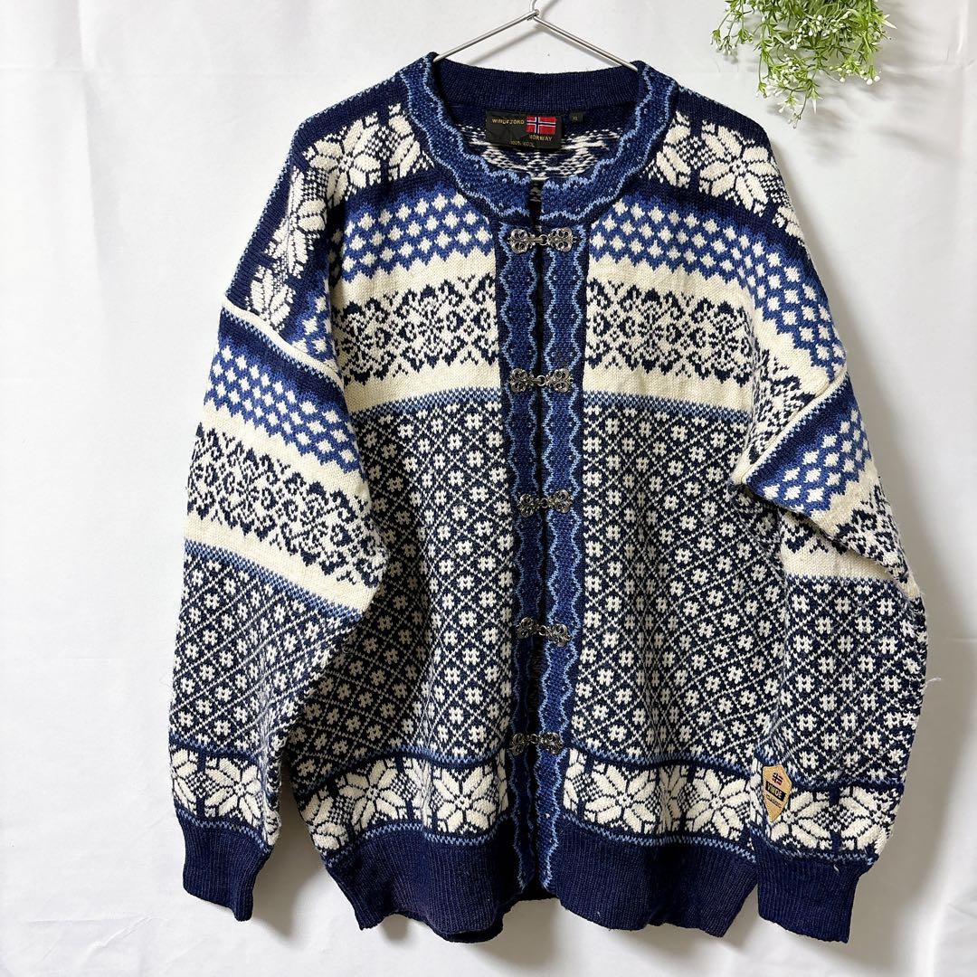 NORWAY製【XL】ノルディック柄ウールニットフック留めWIND FJORD