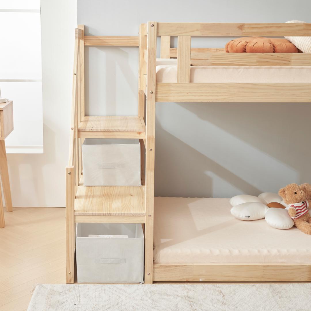 天然木ロフトベッド 階段付き 木製北欧風 大人 ベッド コンパクト　2COLOR