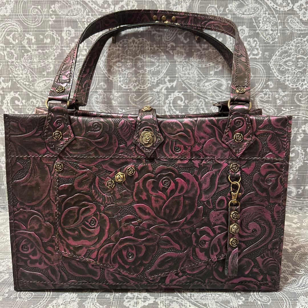 ハンドメイド♪本革薔薇トートバッグ(*^^*)ブラックキラキラピンク♪