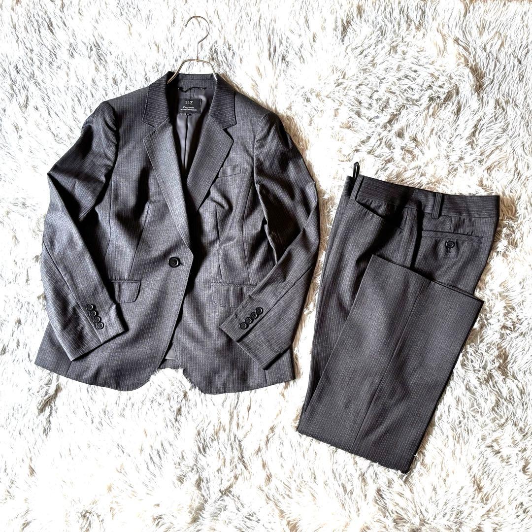 23区 44 XL オンワード樫山 ゆったり パンツスーツ グレー ストライプ