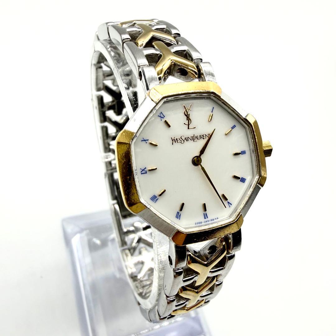 稼働品★美品★イヴサンローラン オクタゴン レディース腕時計 コンビ クォーツ