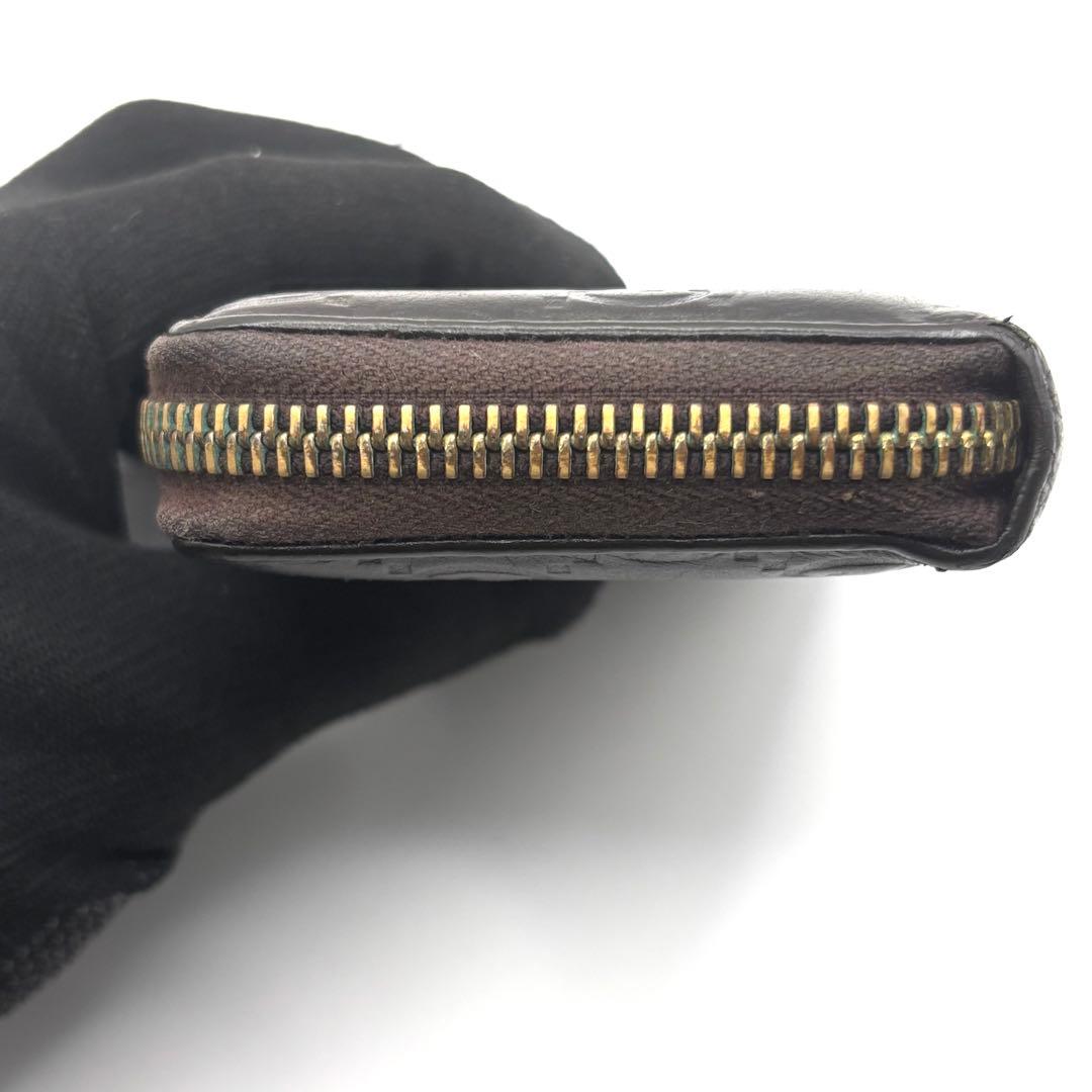 グッチ ケース シマ レザー ラウンドファスナー ブラウン コンパクト