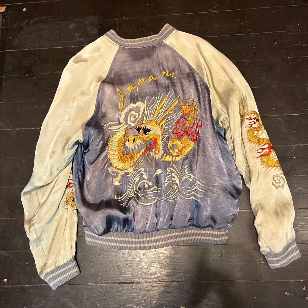 リバーシブルスカジャン双龍&舞妓&JAPAN Mapブルーフェードナス紺。