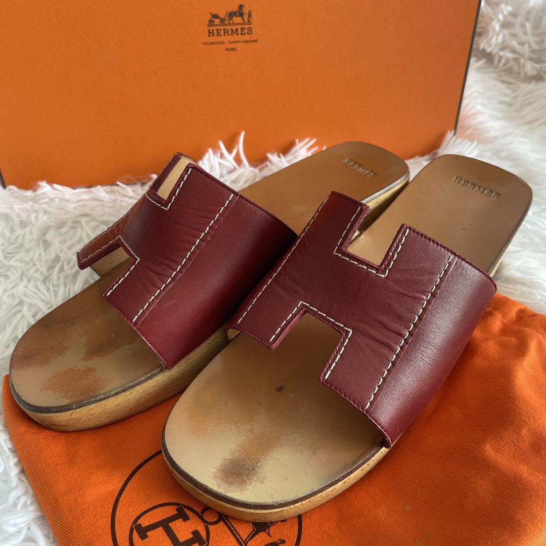 HERMES エルメス　ロゴ　レザー　ブラール ウッドサンダル 厚底