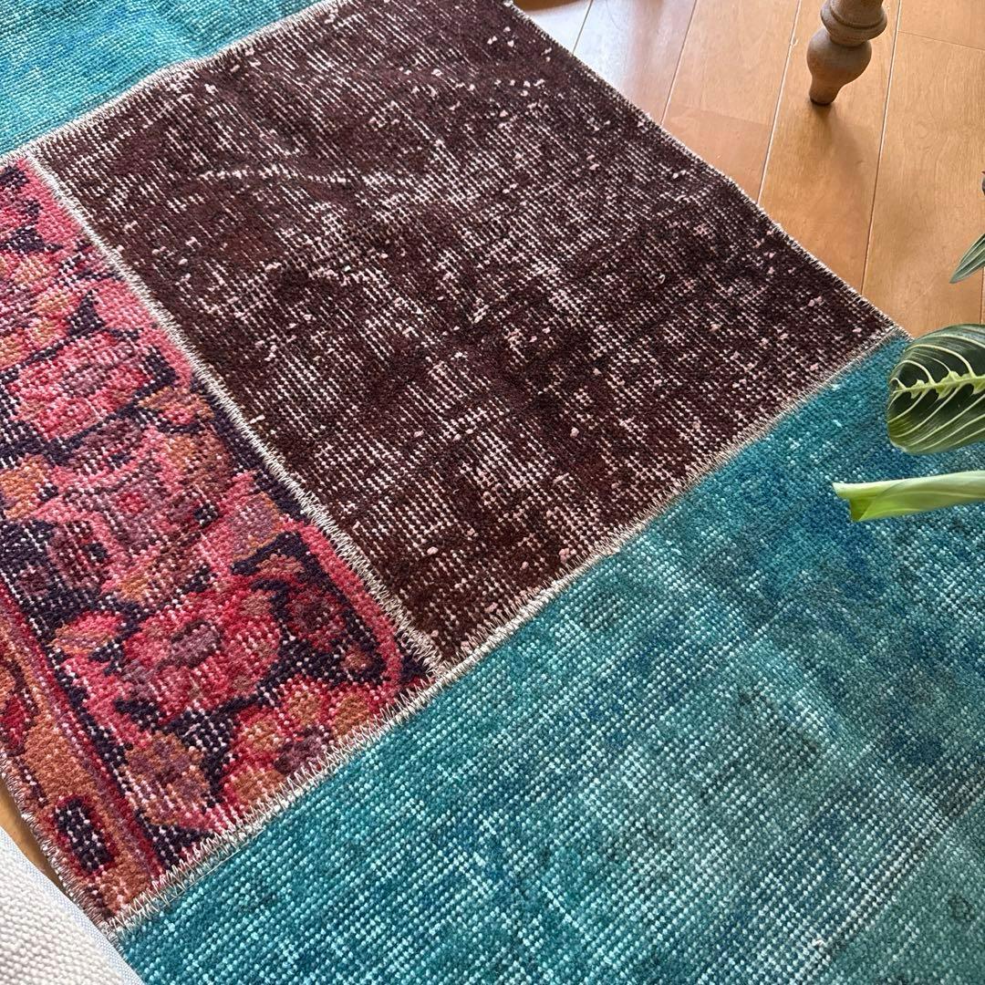 55×103 神秘的ブルー×ブラウン×ボタニカル　トルコヴィンテージラグ