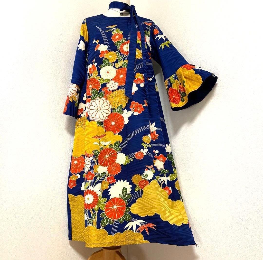 【ひより】正絹　古典柄　振袖リメイクフレアドレス　紺