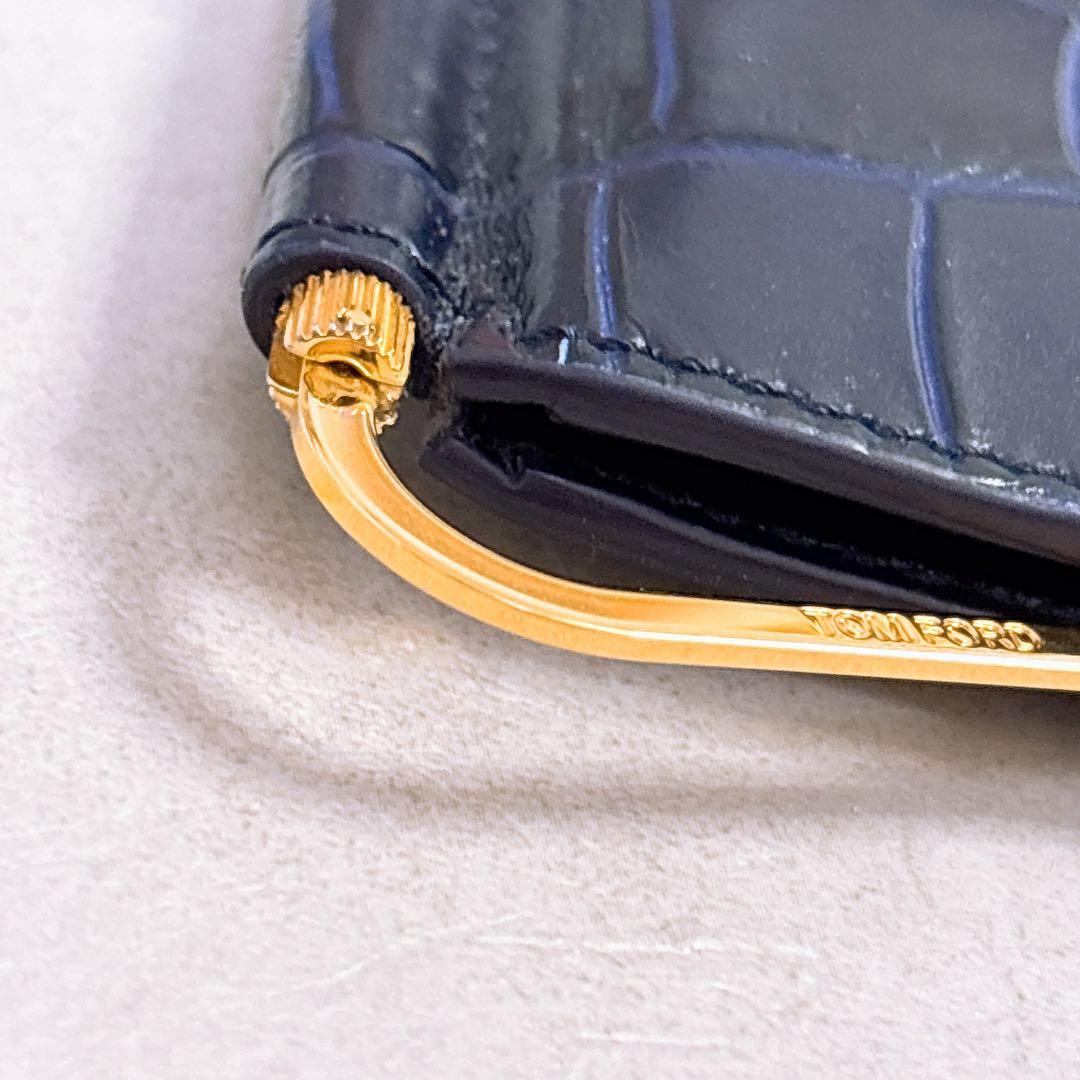 【即完売レア色ネイビー】トムフォード　マネークリップ　二つ折り財布　クロコ