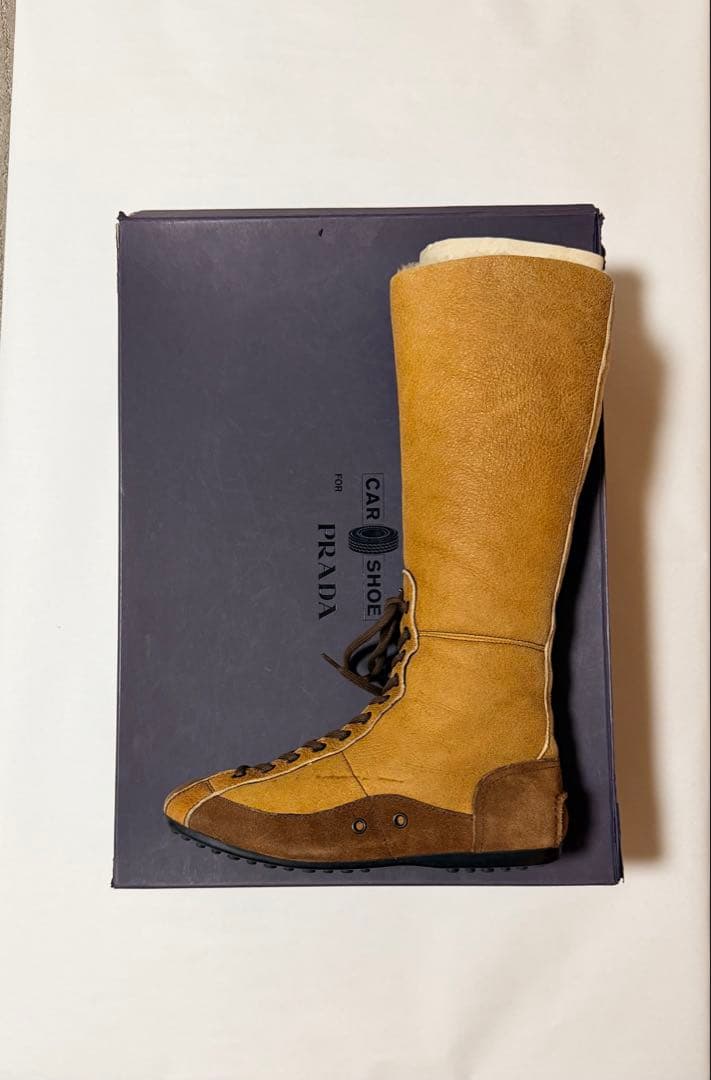 美品　PRADA ベージュ ロングブーツ　ムートン　car shoe 35.5